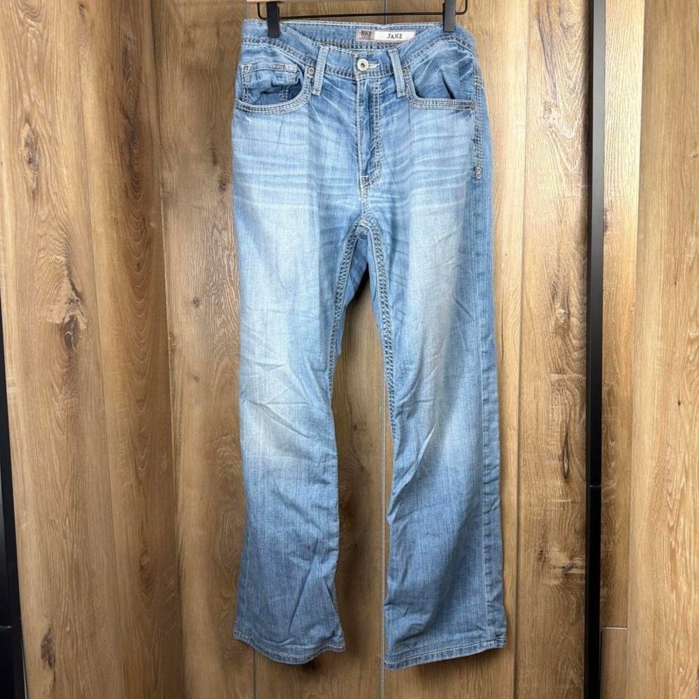 BKE Buckle Jake Straight Leg Stretch Jeans Mens 32R Light Wash Blue Denim